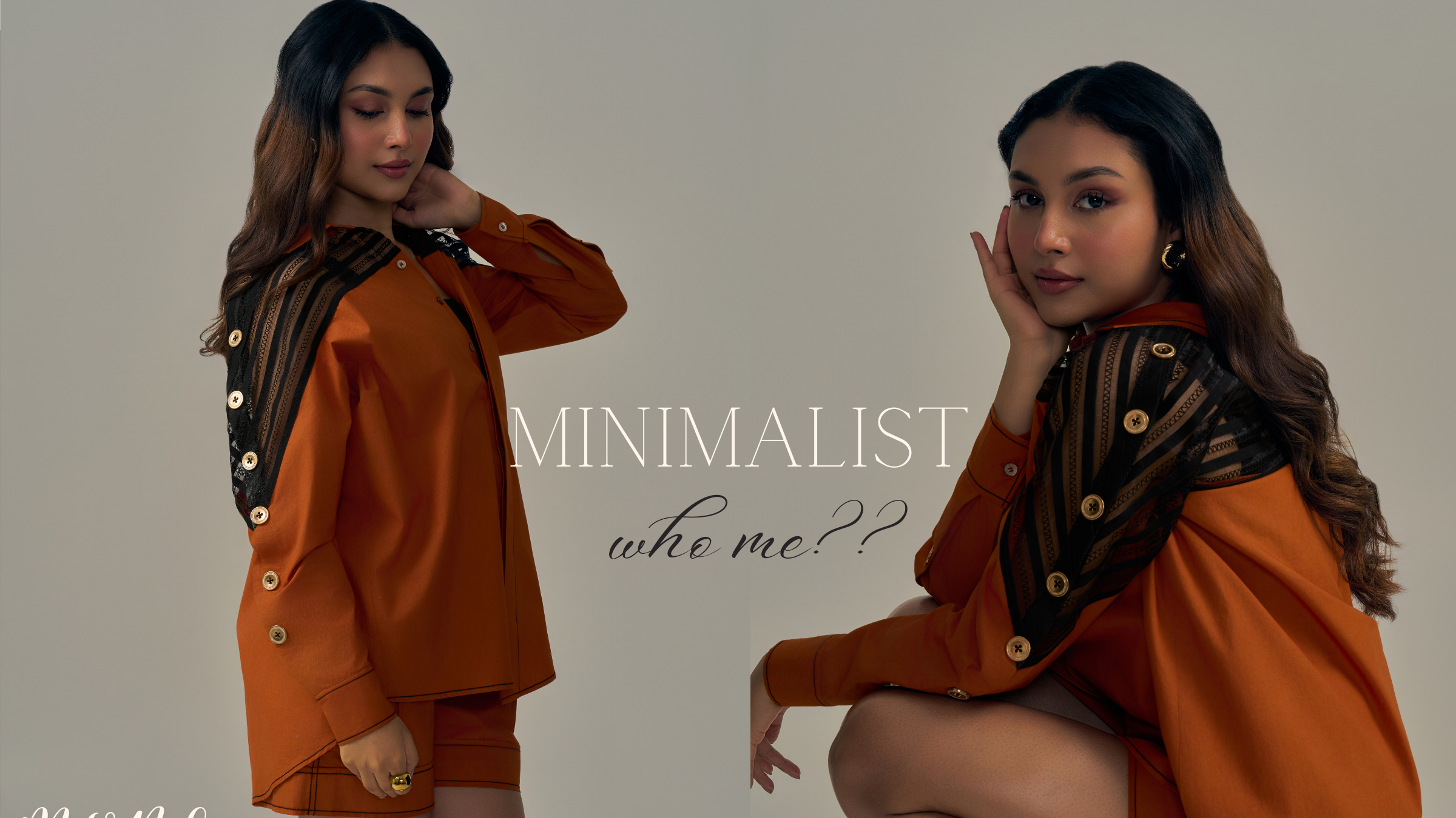 Burnt orange coord set with net detailing on sleeves.