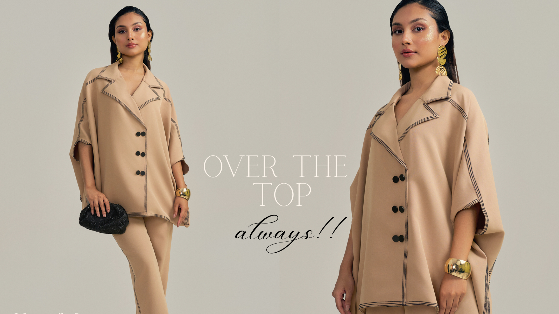 Woman wearing a beige coord set with batwing sleeves.