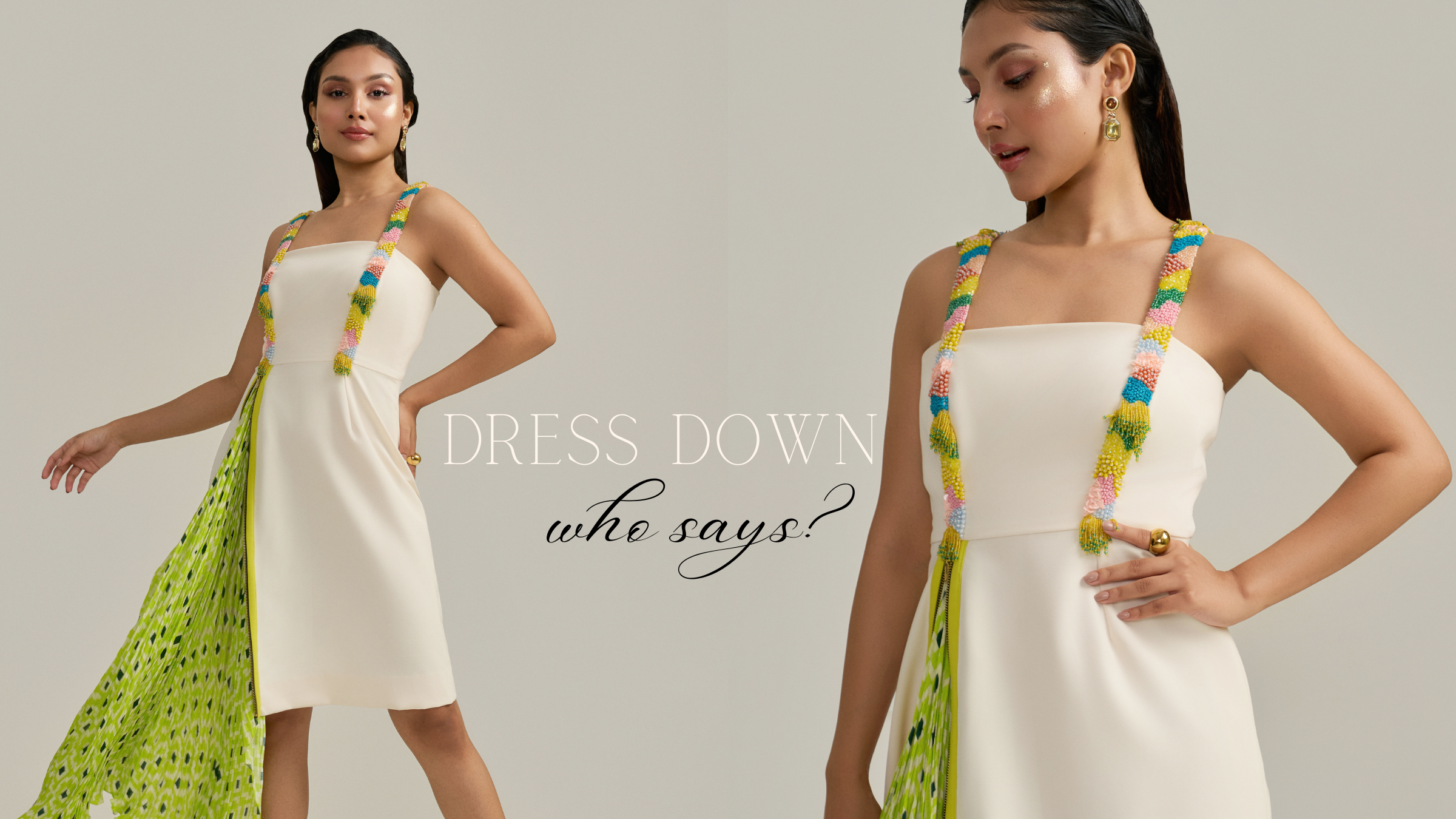 Woman wearing a white dress with colorful straps and a green print addon flare.